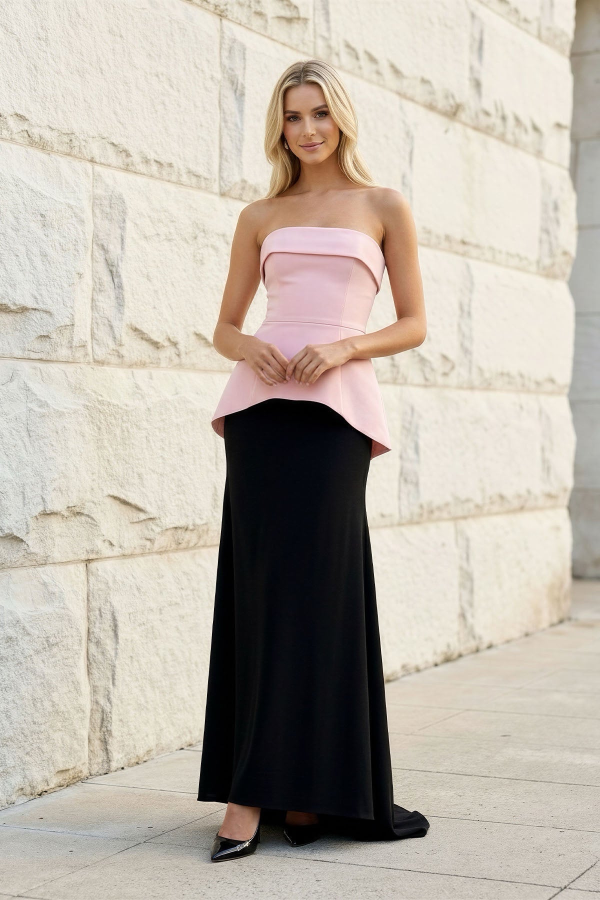 Strapless Peplum Gown in Black and Pink