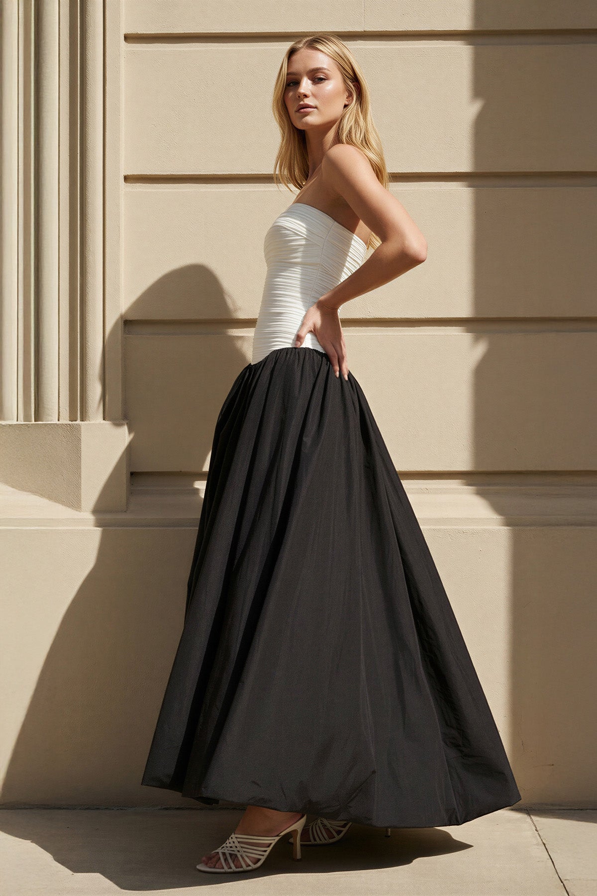 Strapless Pleated Gown in Black and White