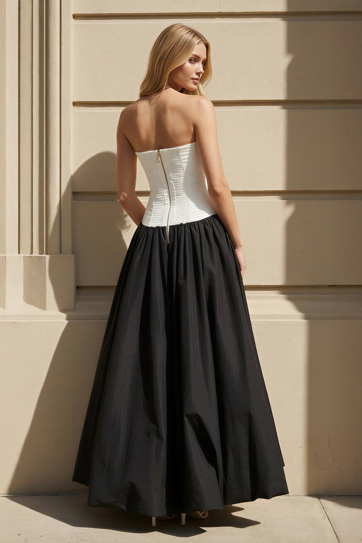 Strapless Pleated Gown in Black and White