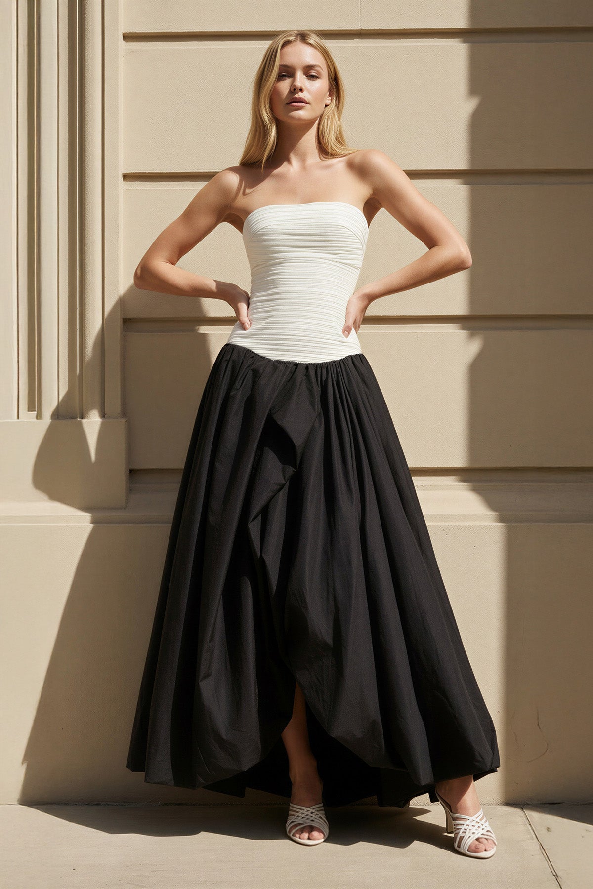 Strapless Pleated Gown in Black and White