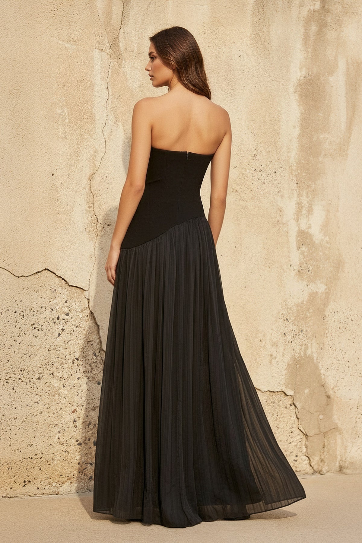 Strapless Pleated Maxi Dress in Black