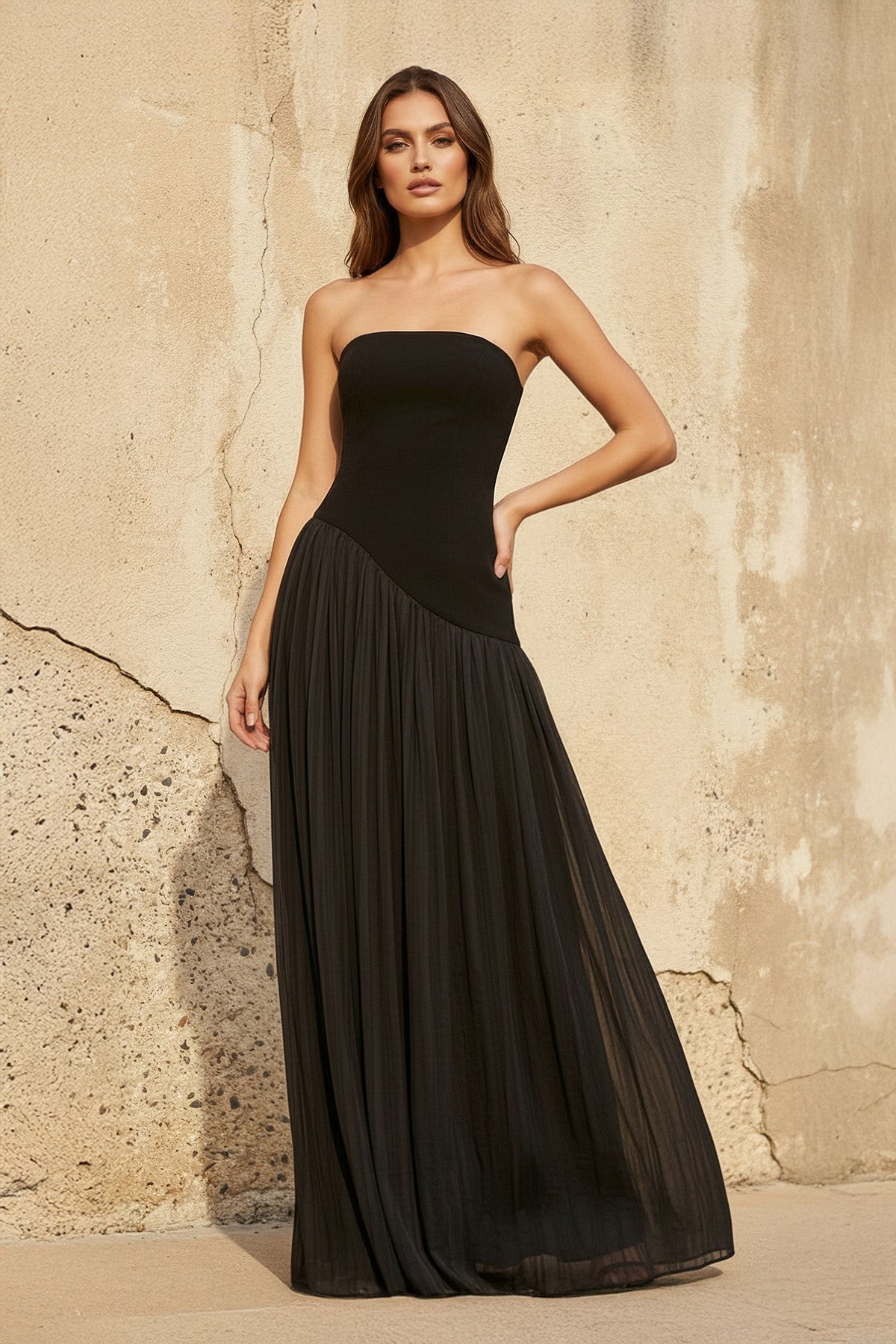 Strapless Pleated Maxi Dress in Black
