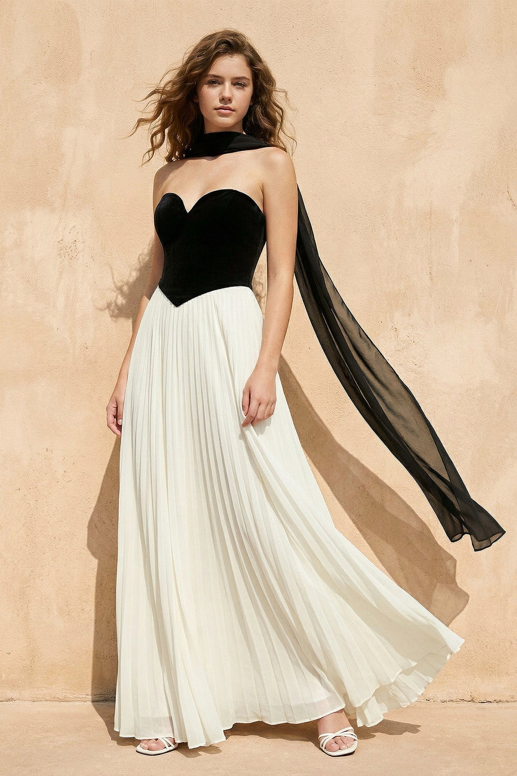 Strapless Pleated Maxi Dress in Black and Ivory