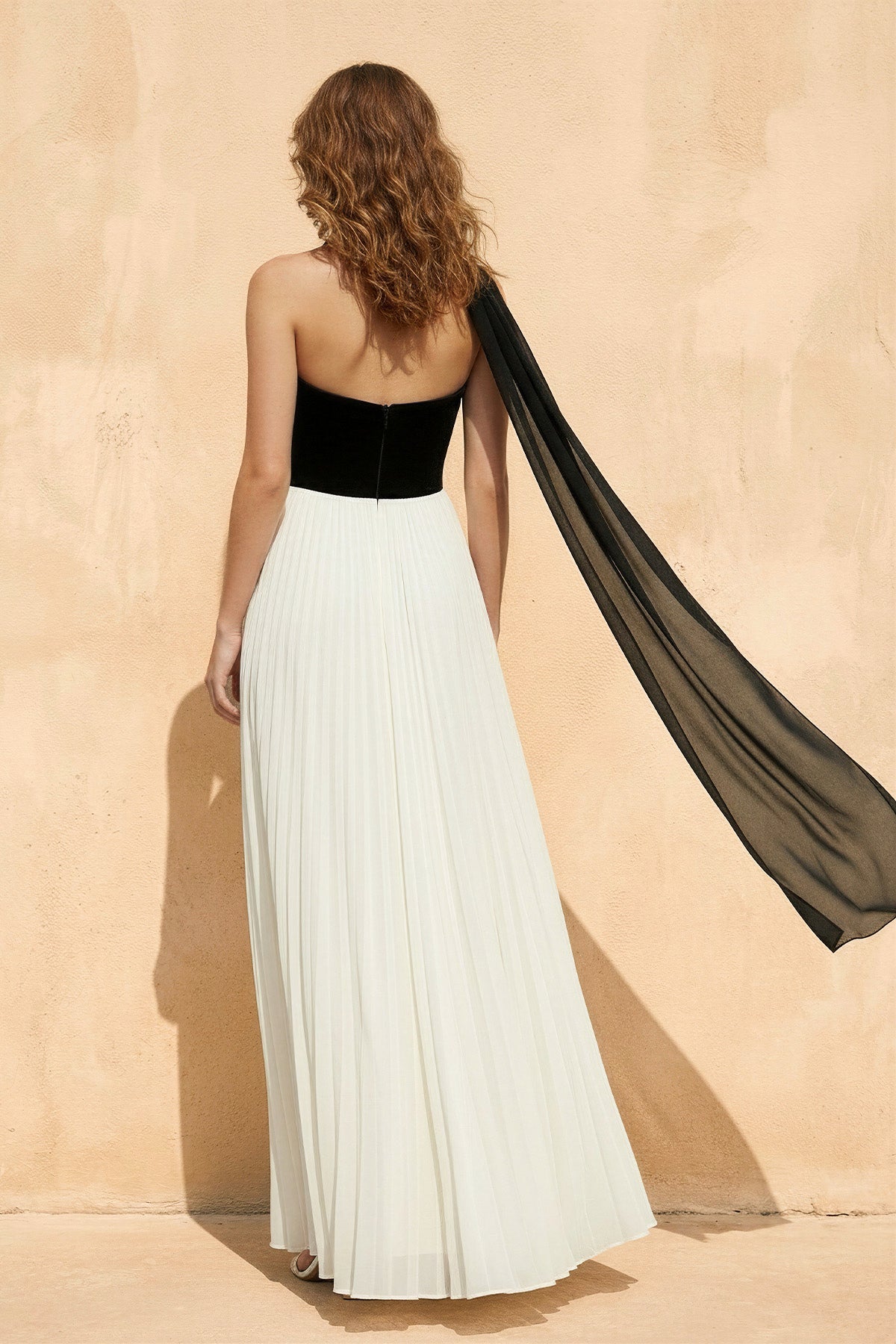 Strapless Pleated Maxi Dress in Black and Ivory