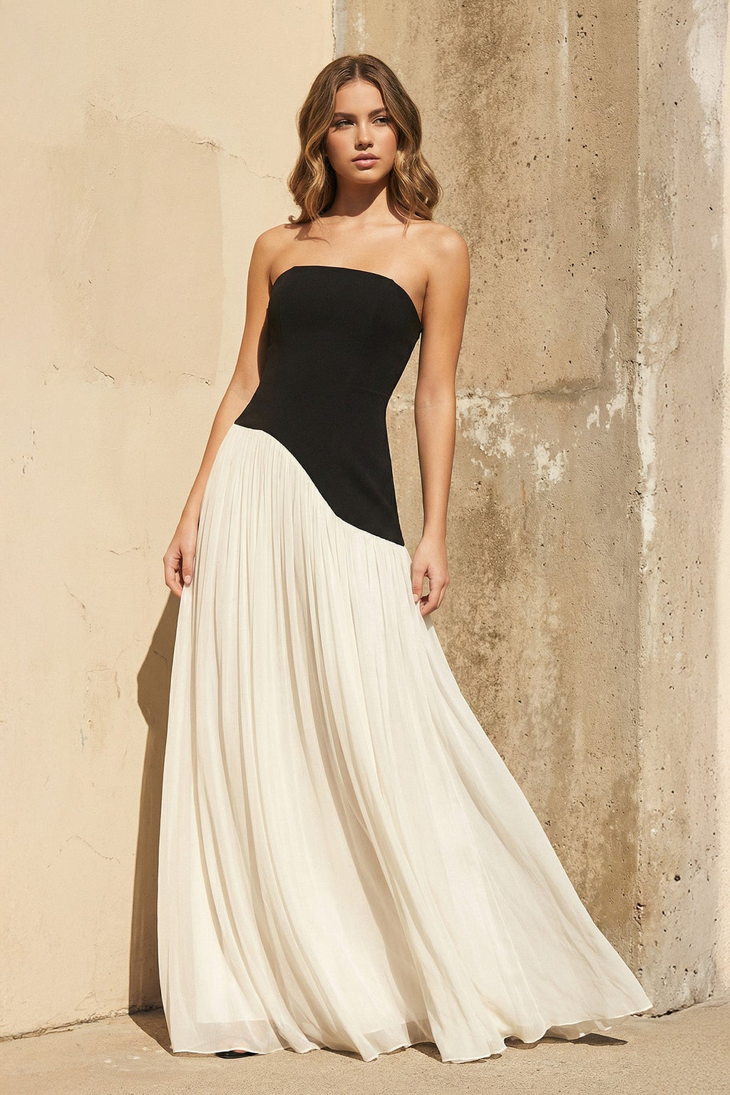 Strapless Pleated Maxi Dress in Black and Ivory