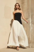 Strapless Pleated Maxi Dress in Black and Ivory