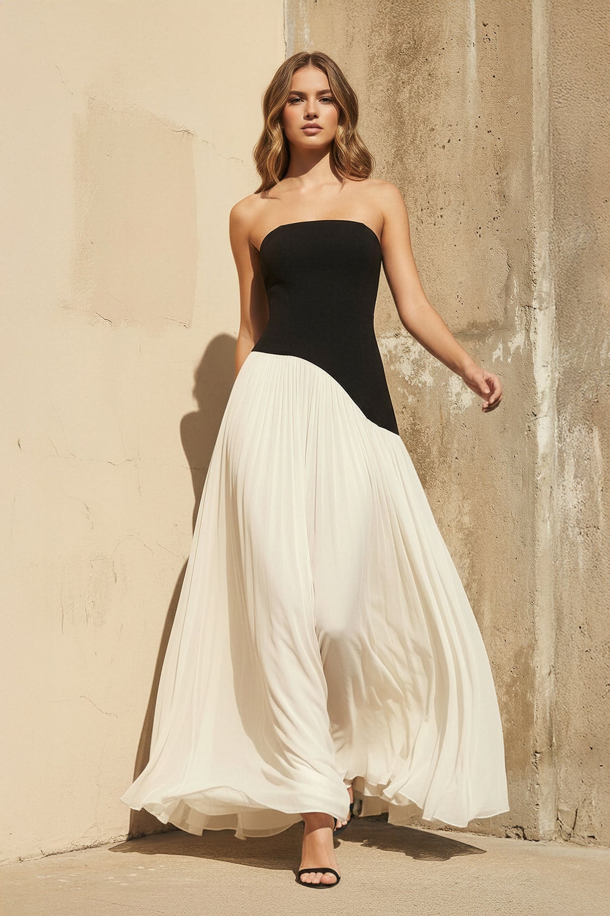 Strapless Pleated Maxi Dress in Black and Ivory