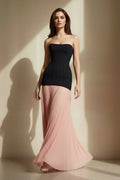 Strapless Pleated Maxi Dress in Black and Pink