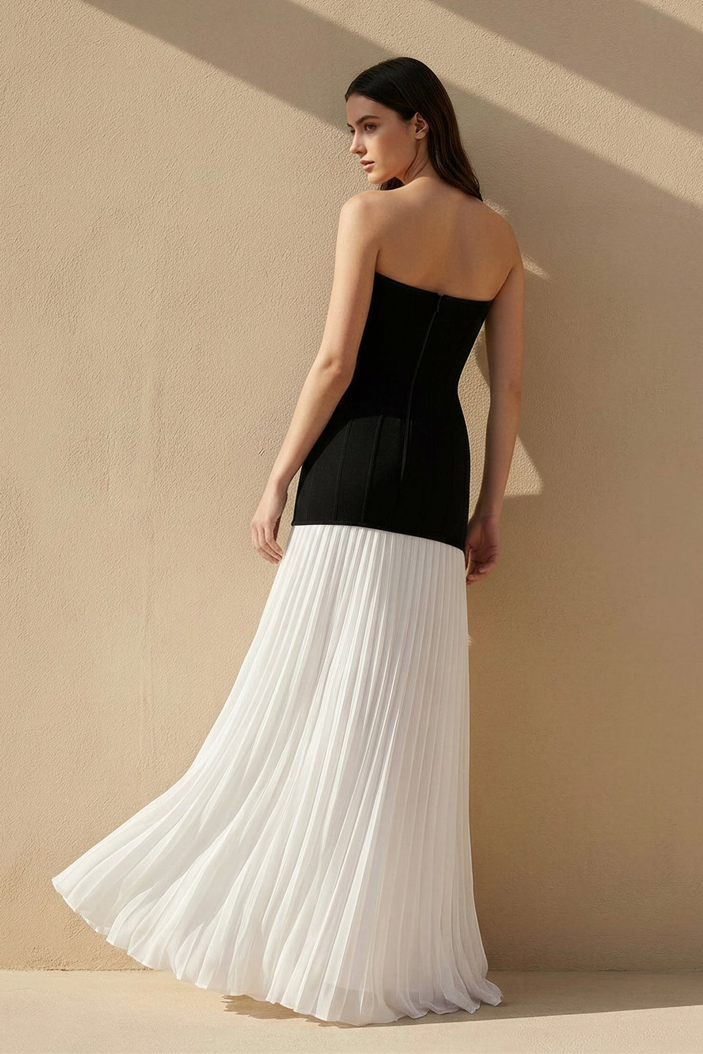 Strapless Pleated Maxi Dress in Black and White