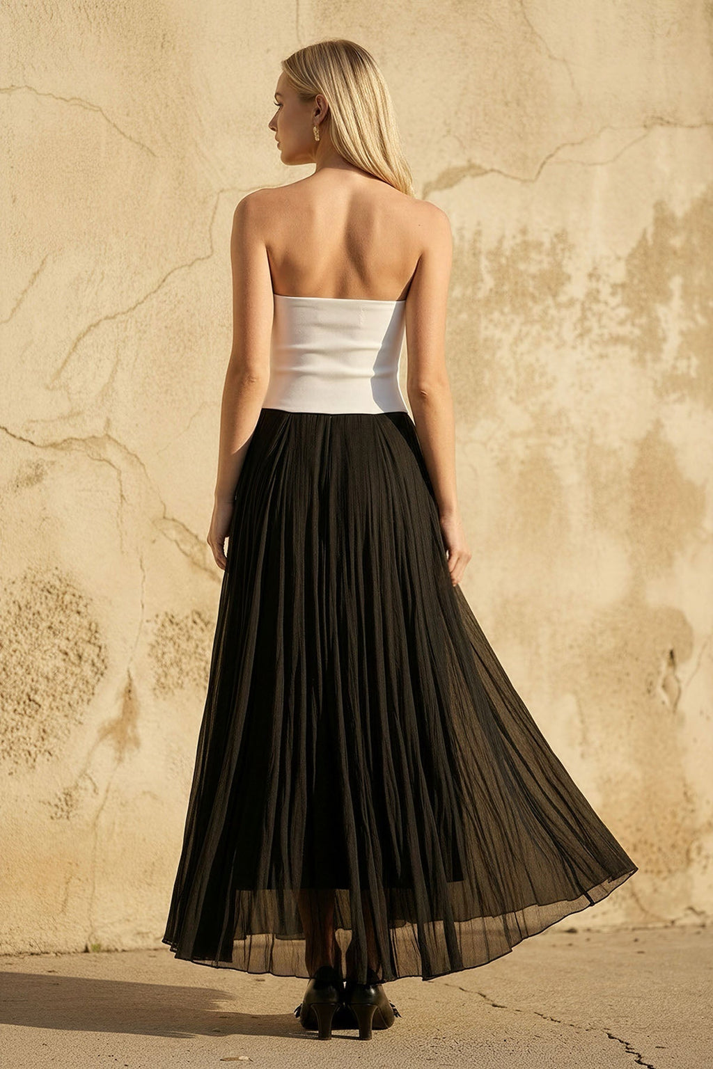 Strapless Pleated Maxi Dress in Black and White
