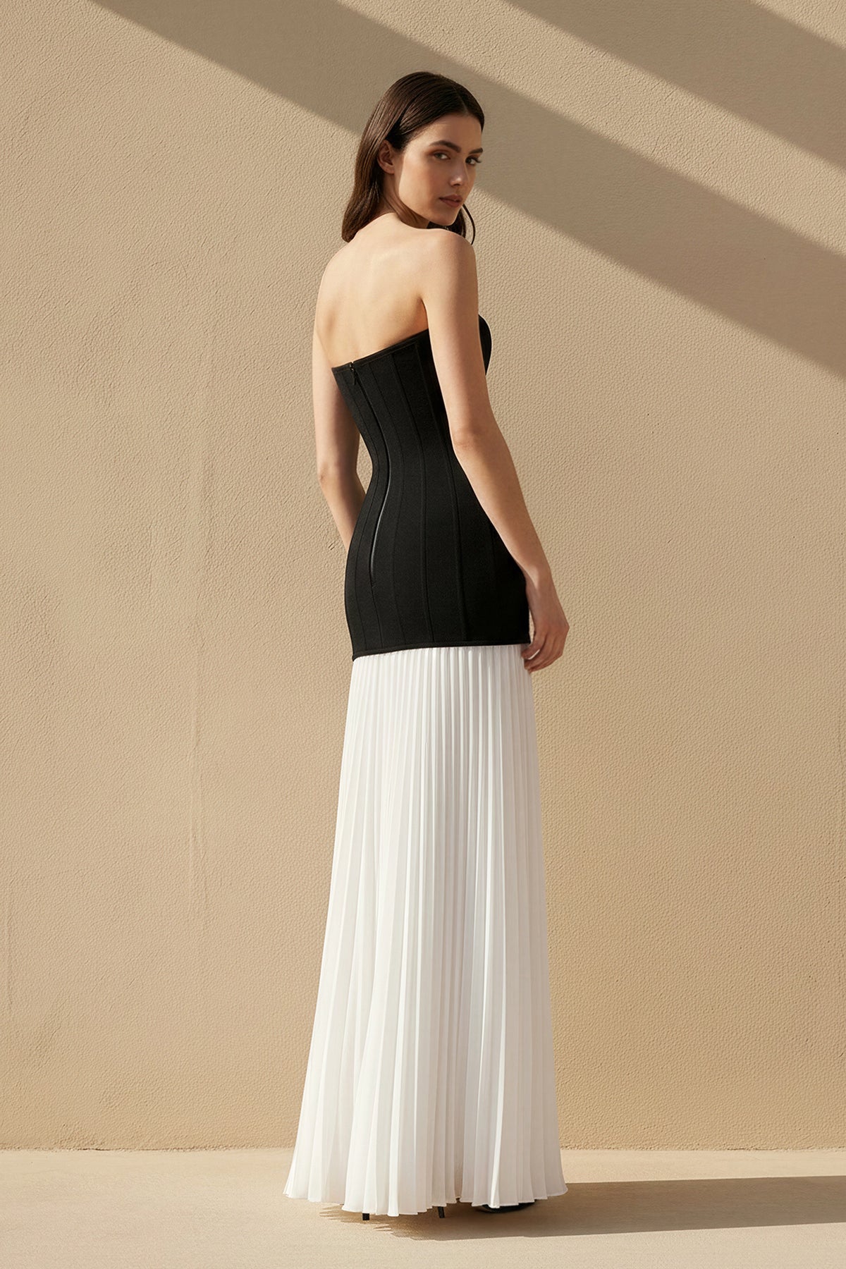 Strapless Pleated Maxi Dress in Black and White