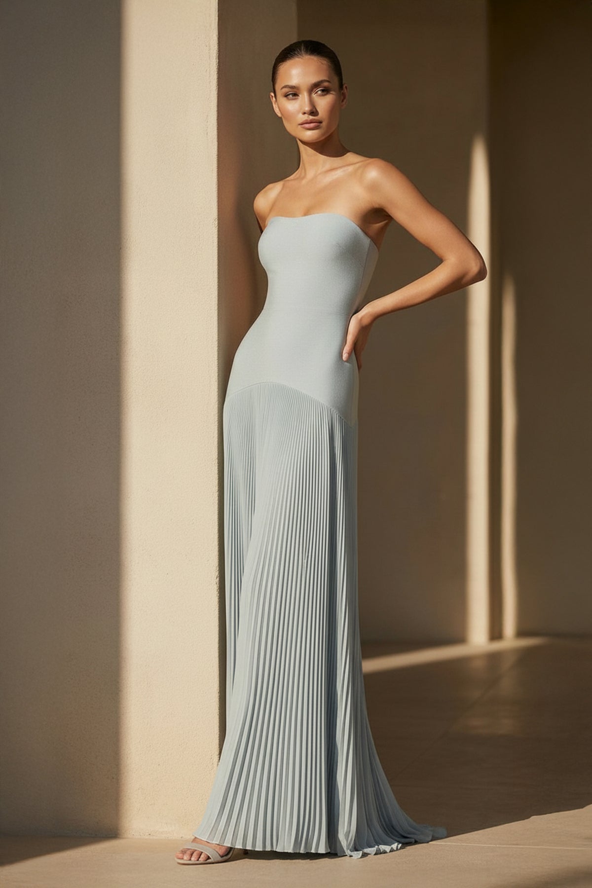 Strapless Pleated Maxi Dress in Dusty Blue