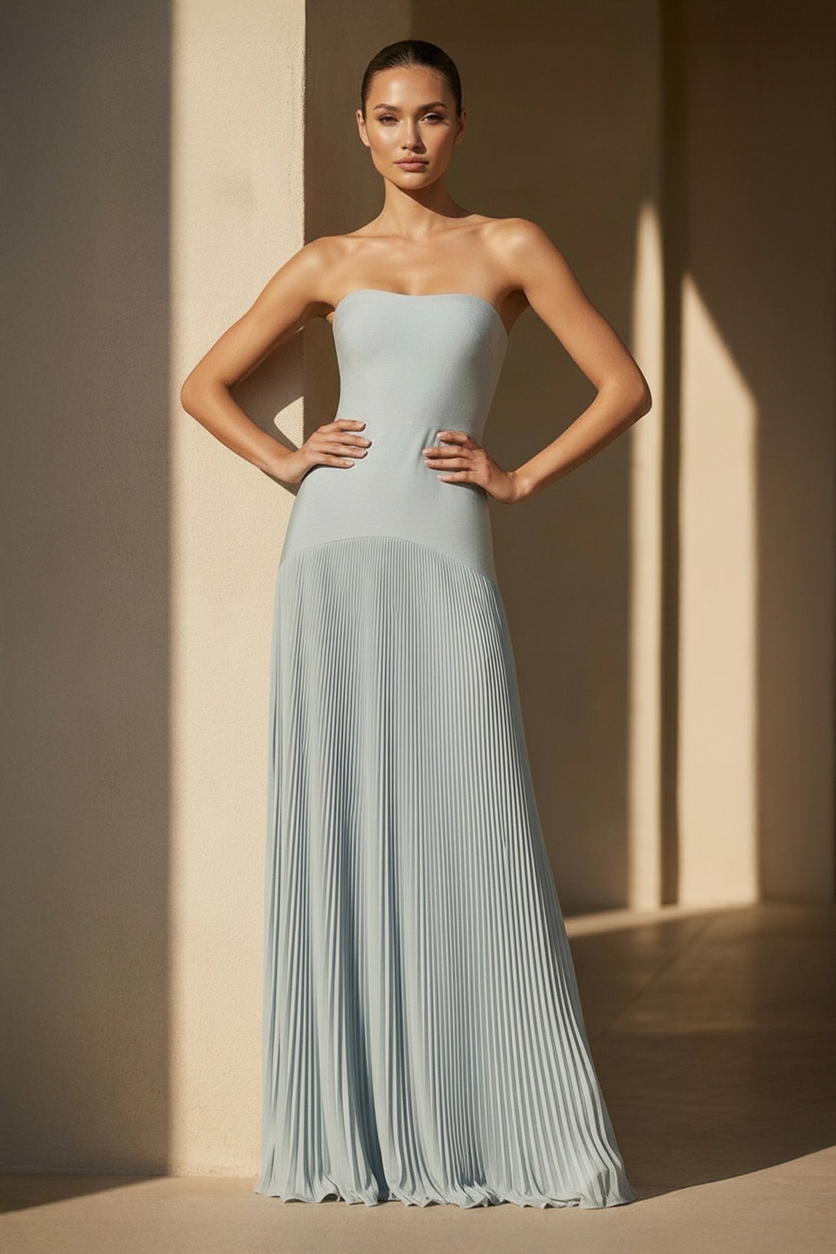 Strapless Pleated Maxi Dress in Dusty Blue