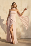 Strapless Pleated Maxi Dress With Scarf in Blush