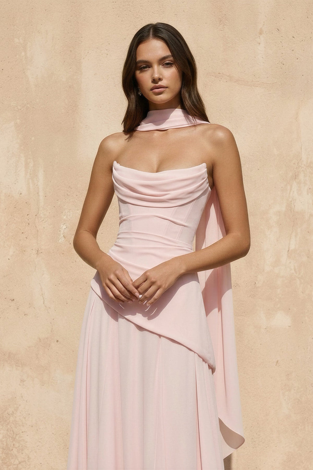 Strapless Pleated Maxi Dress with Scarf in Pink
