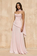 Strapless Pleated Maxi Dress with Scarf in Pink