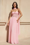 Strapless Pleated Maxi Dress With Scarf in Pink