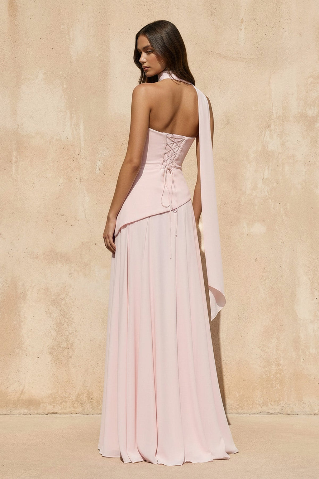Strapless Pleated Maxi Dress with Scarf in Pink