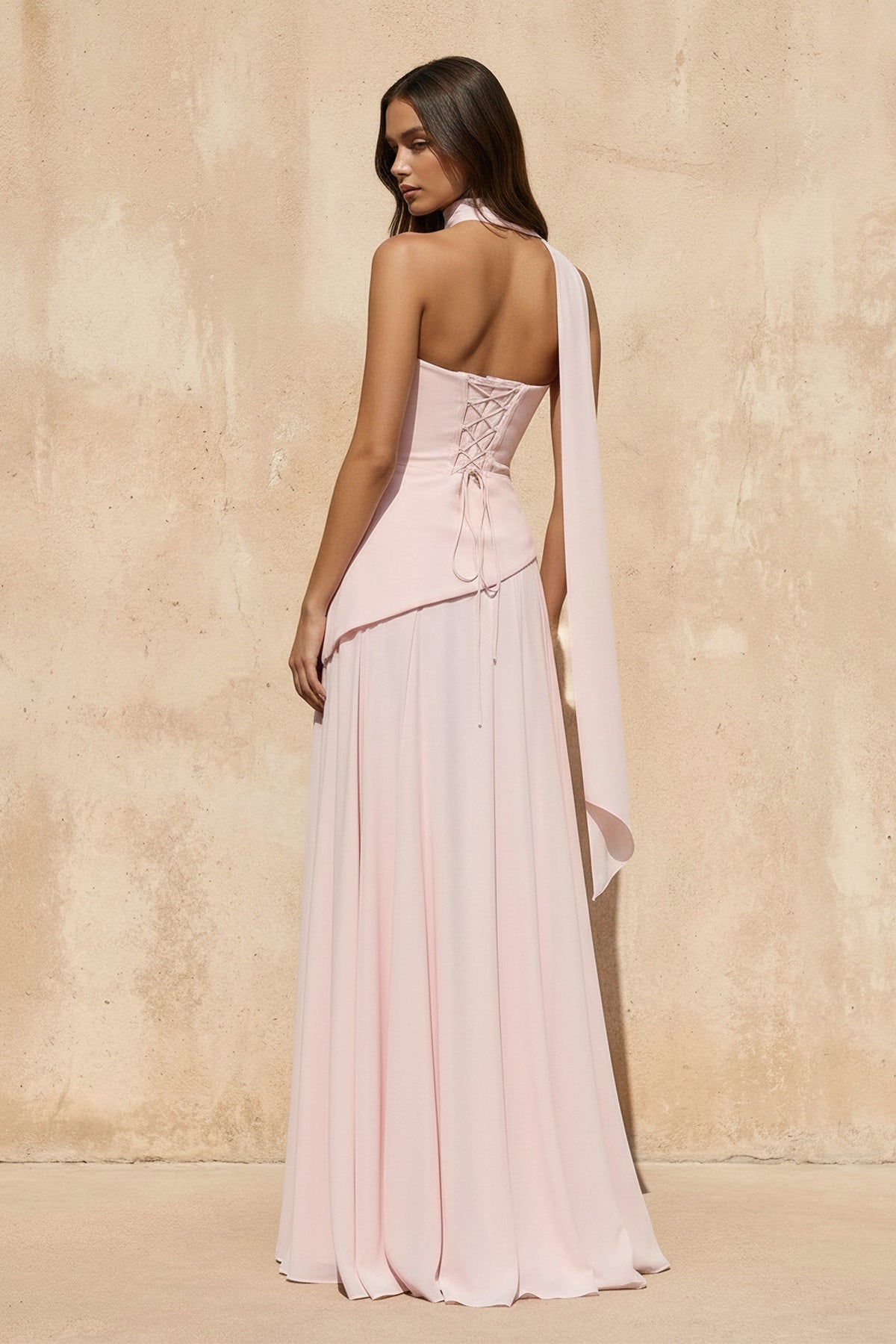 Strapless Pleated Maxi Dress with Scarf in Pink