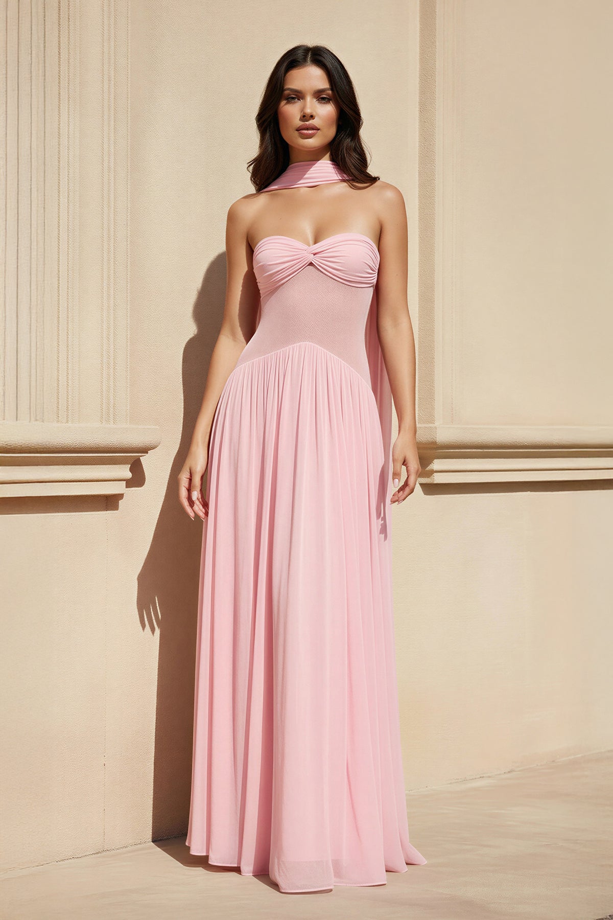 Strapless Pleated Maxi Dress With Scarf in Pink