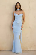 Strapless Pleated Maxi Dress With Scarf in Sky Blue