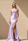 Strapless Pleated Prom Dress With Slit in Lavender
