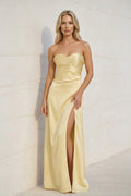 Strapless Pleated Maxi Dress With Slit in Yellow