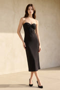 Strapless Pleated Sheath Midi Dress in Black