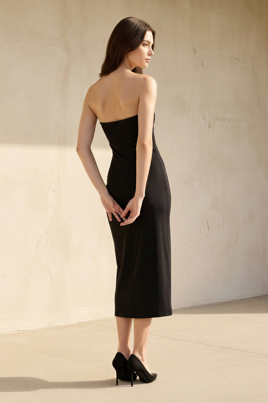 Strapless Pleated Sheath Midi Dress in Black
