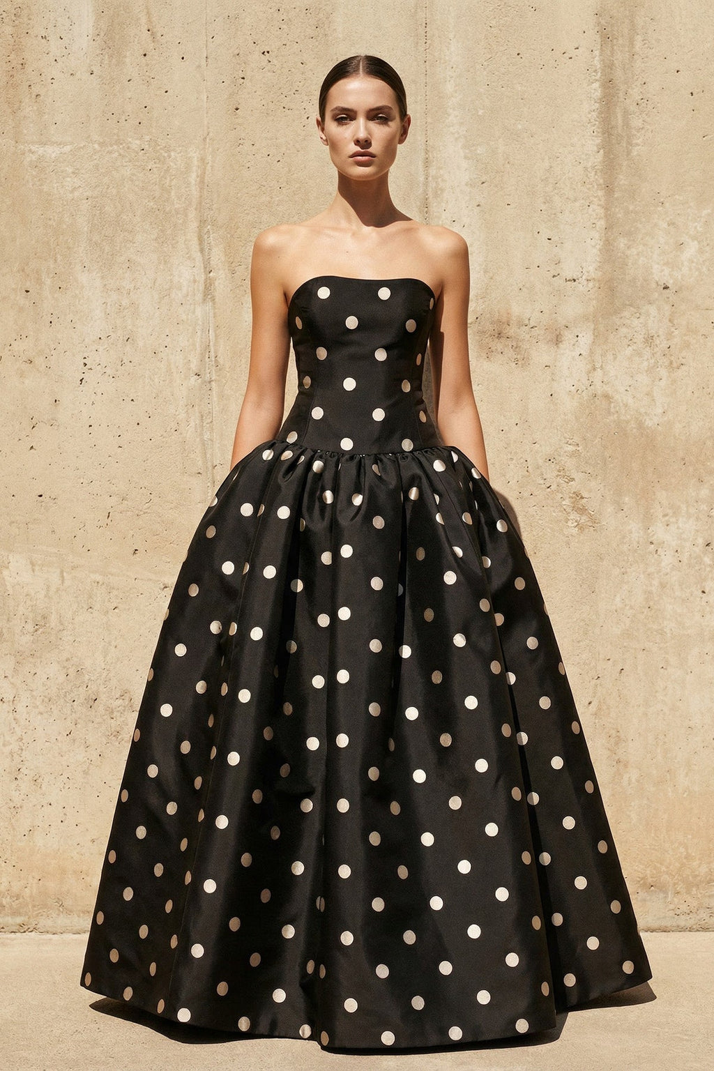 Strapless Polka Dot Maxi Dress in Black