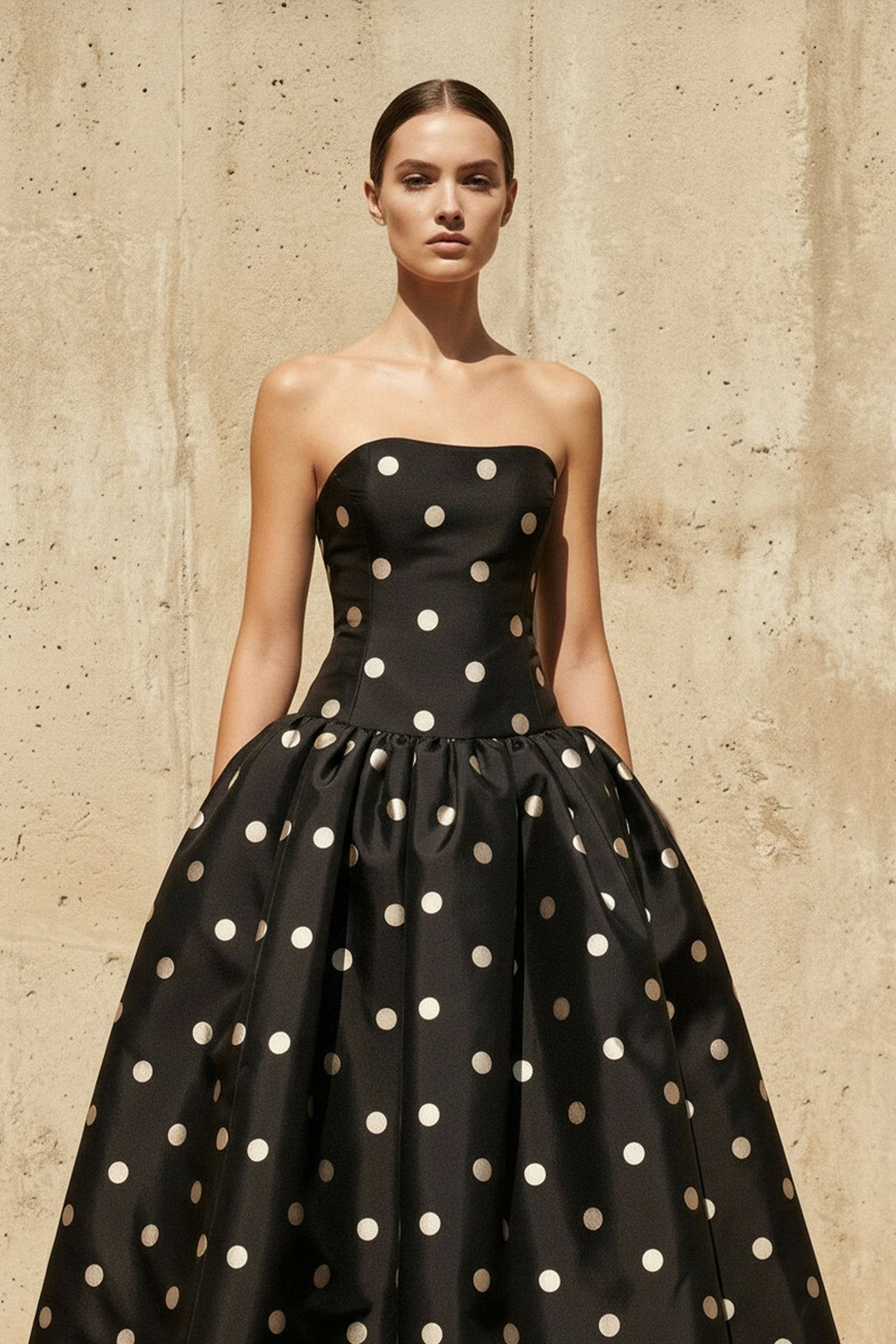 Strapless Polka Dot Maxi Dress in Black