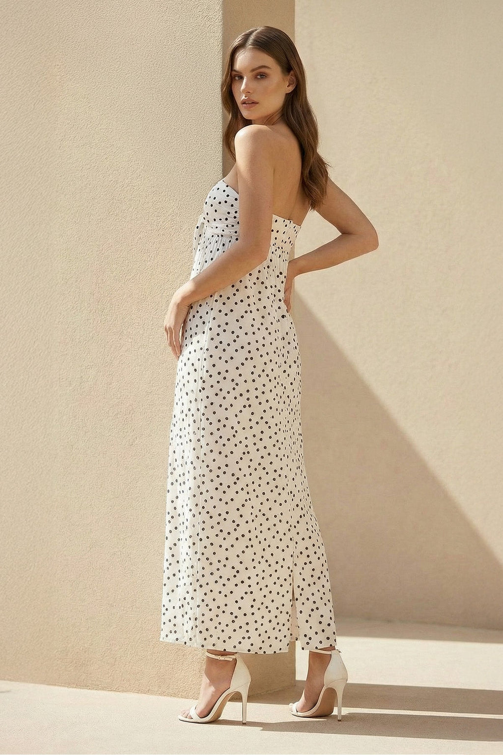 Strapless Polka Dot Maxi Dress With Bow in White