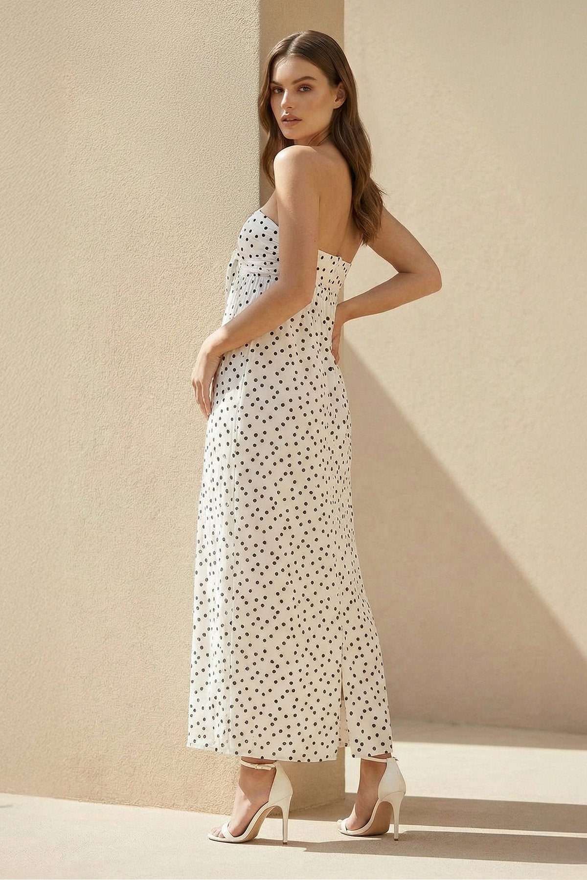 Strapless Polka Dot Maxi Dress With Bow in White