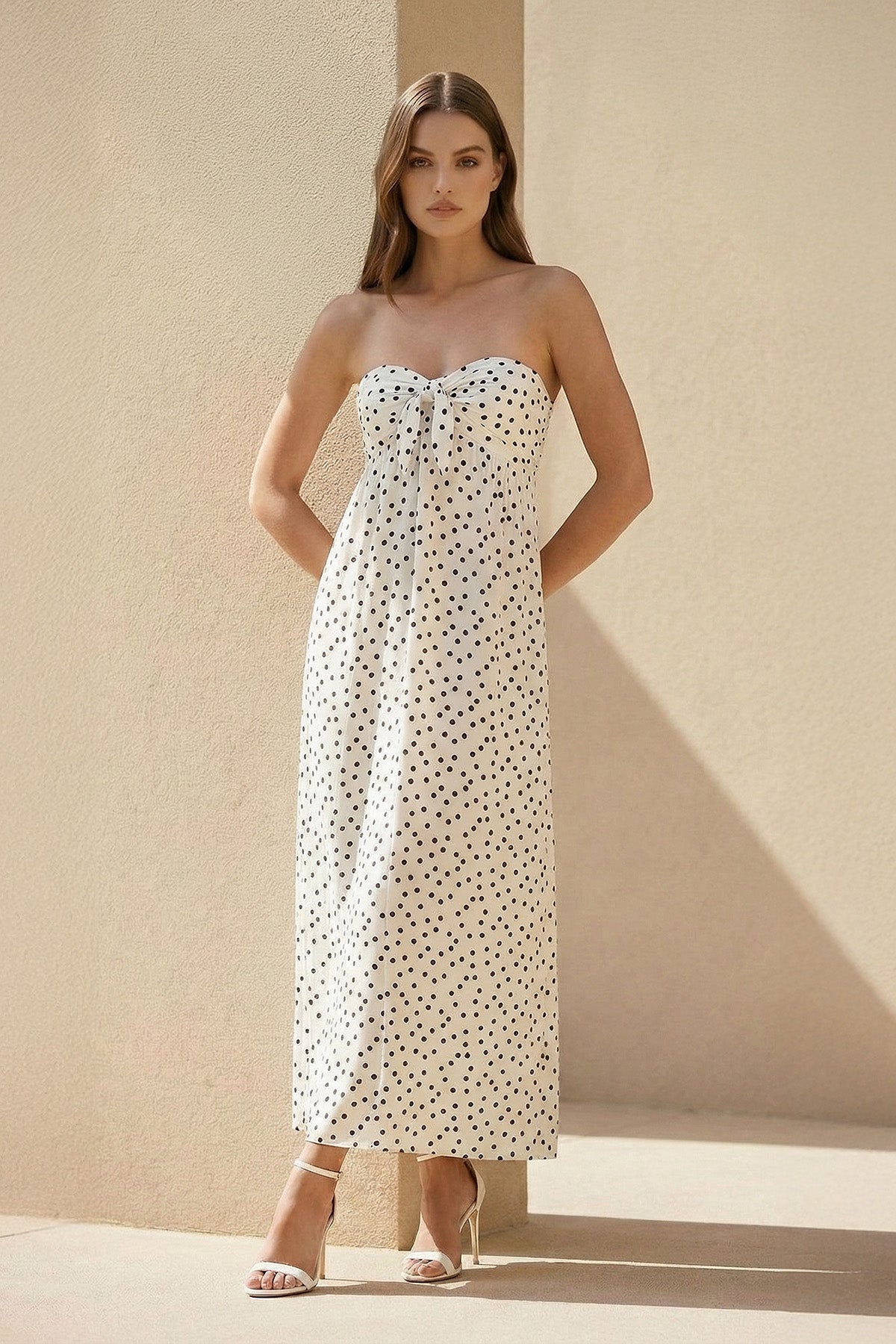 Strapless Polka Dot Maxi Dress With Bow in White