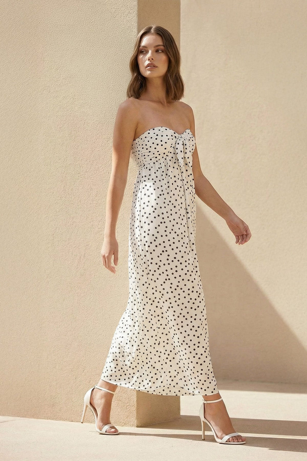 Strapless Polka Dot Maxi Dress With Bow in White