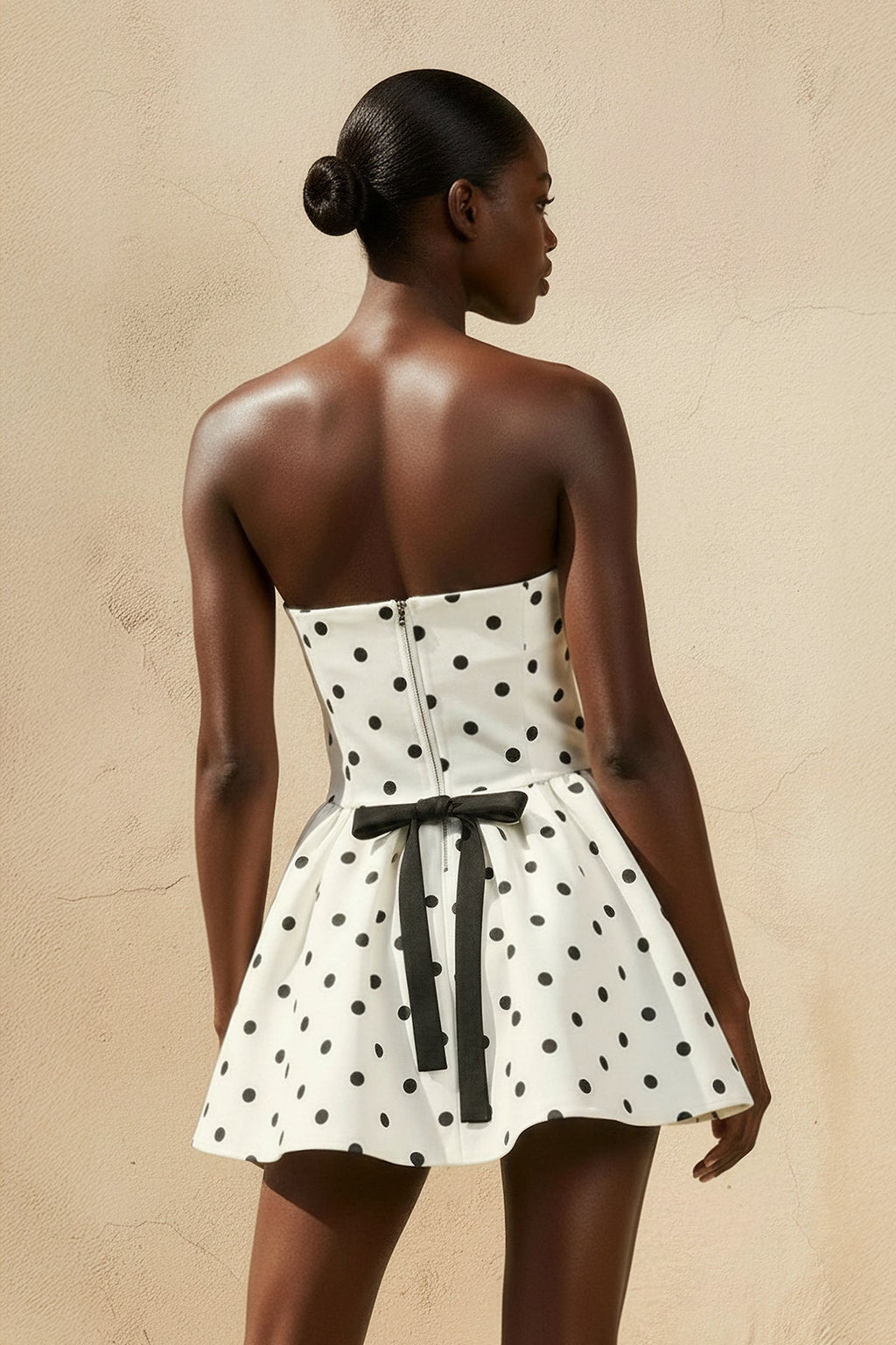 Strapless Polka Dot Mini Dress With Bow in Ivory