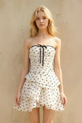 Strapless Polka Dot Ruffled Mini Dress in Ivory