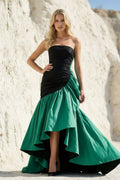 Strapless Ruched High-Low Prom Dress in Black and Emerald Green