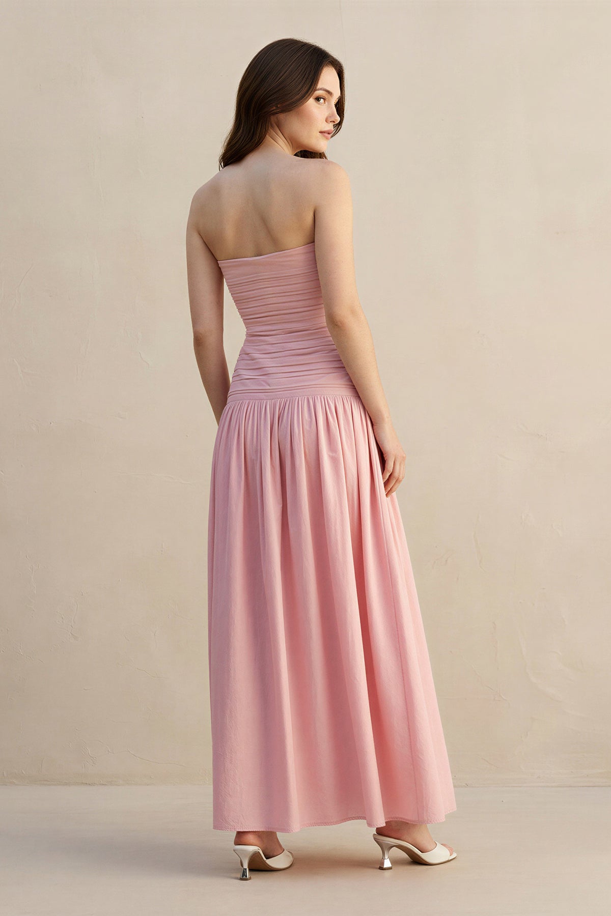 Strapless Ruched Maxi Dress in Blush