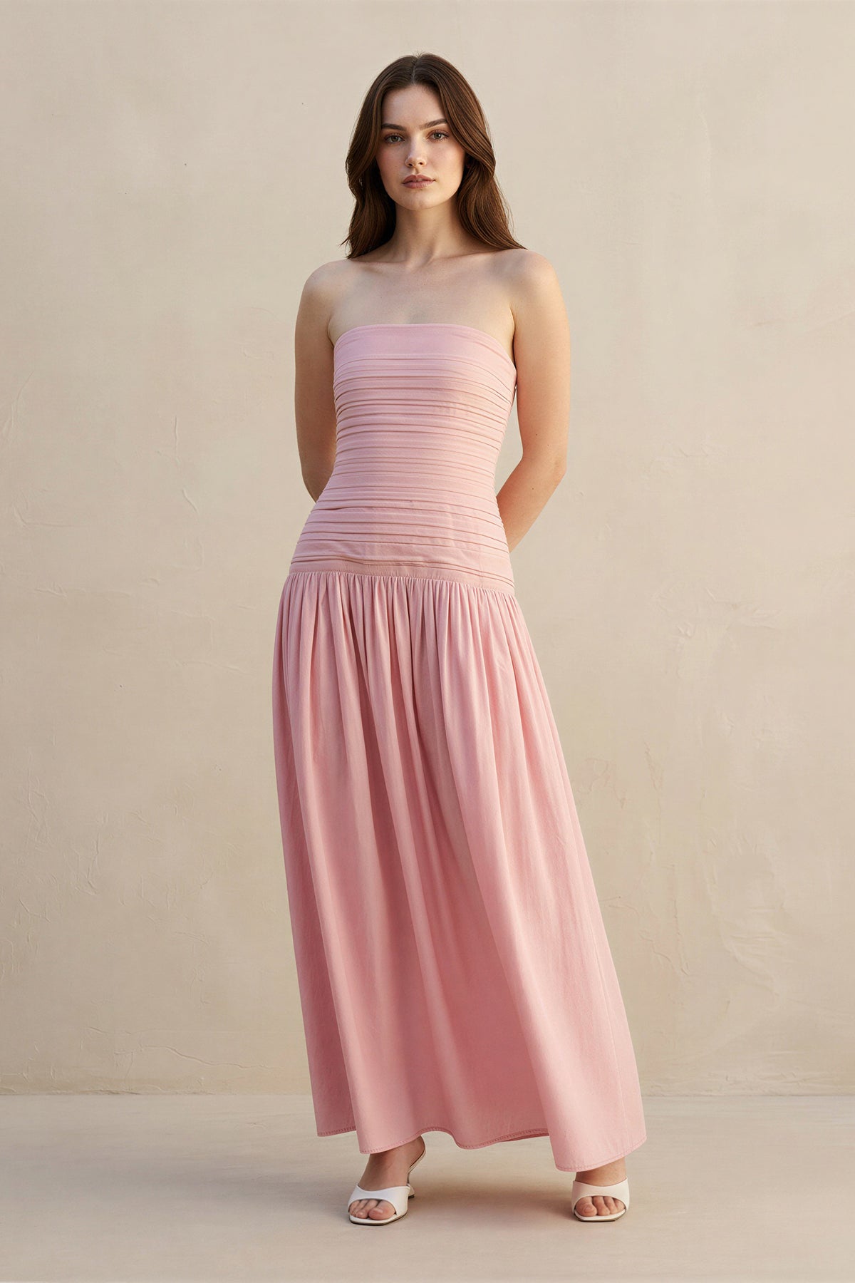 Strapless Ruched Maxi Dress in Blush
