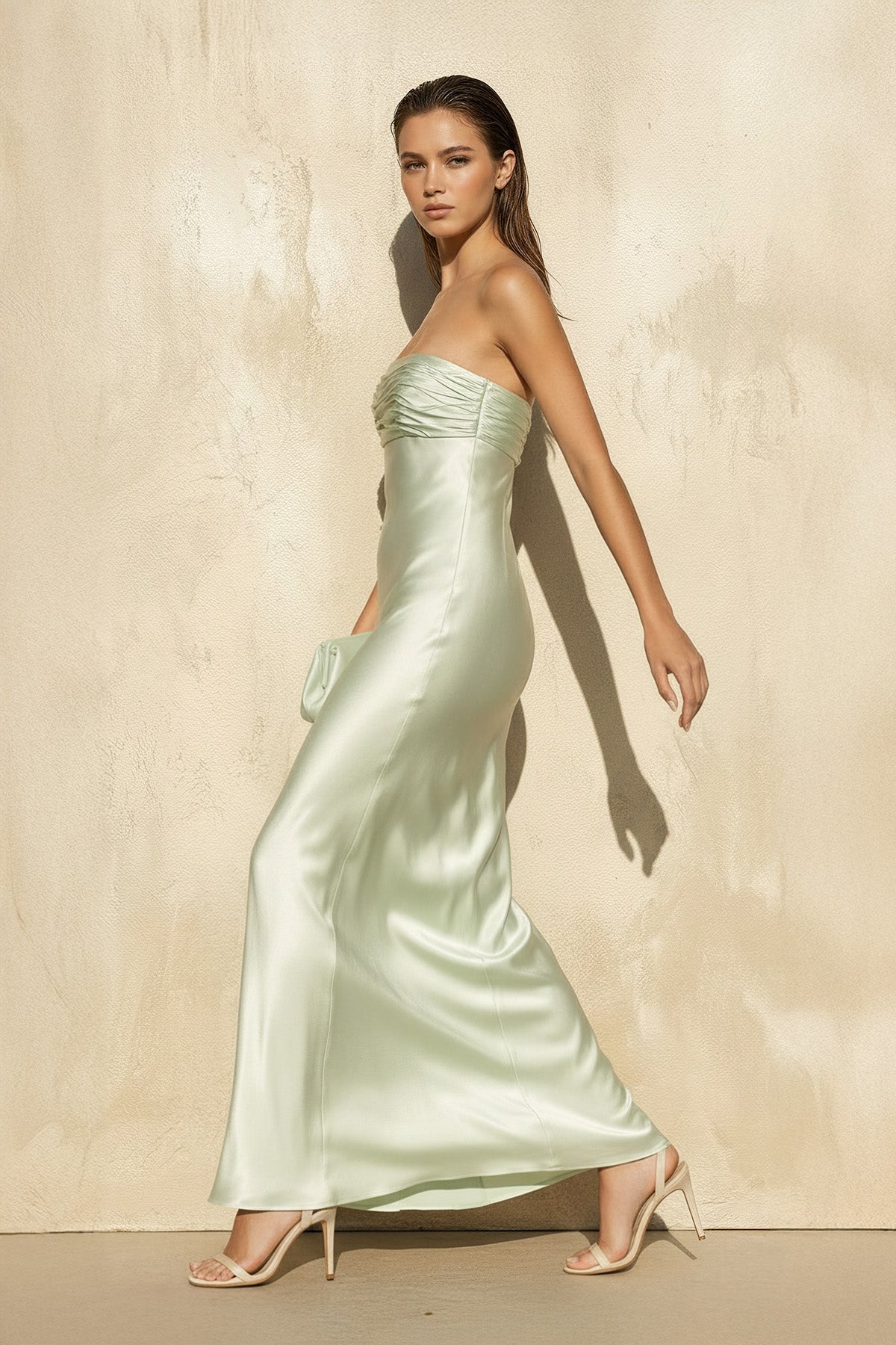 Strapless Ruched Maxi Dress in Mint Green