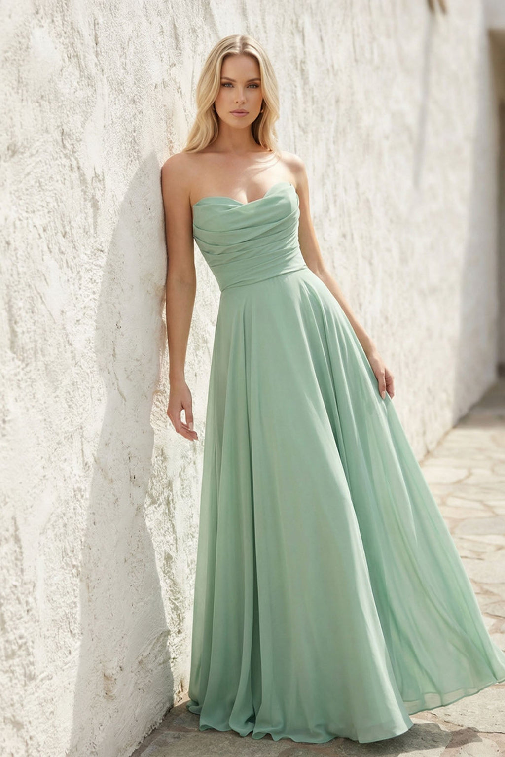 Strapless Ruched Maxi Dress in Mint Green