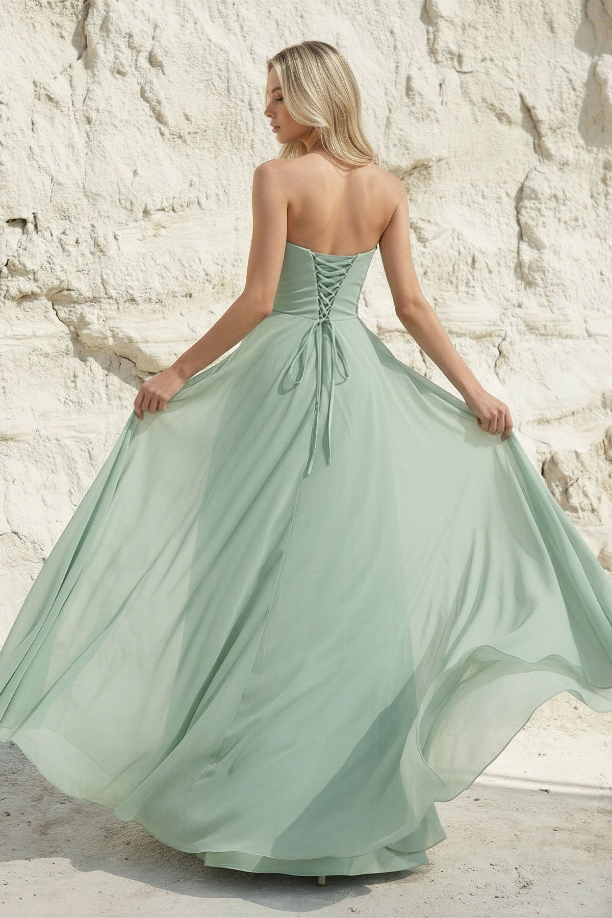 Strapless Ruched Maxi Dress in Mint Green