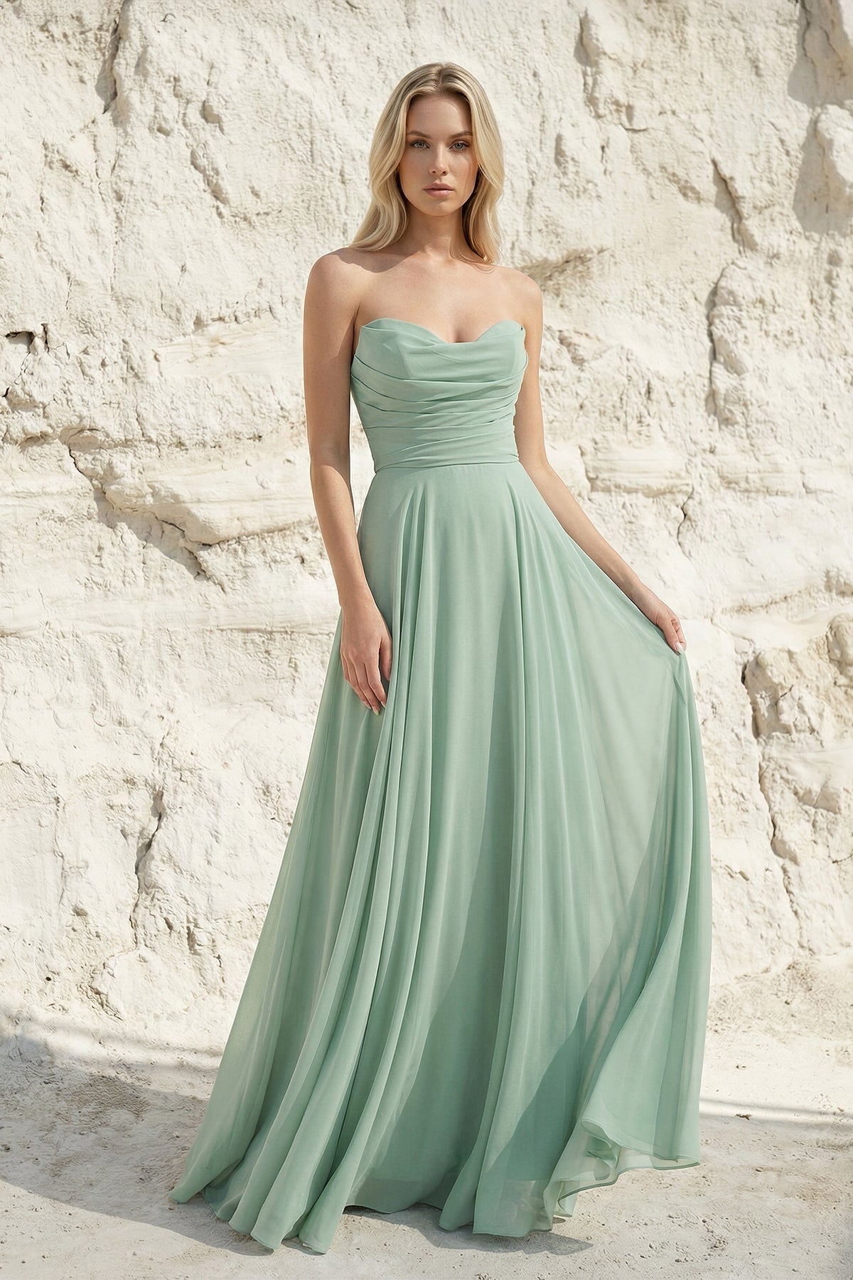 Strapless Ruched Maxi Dress in Mint Green