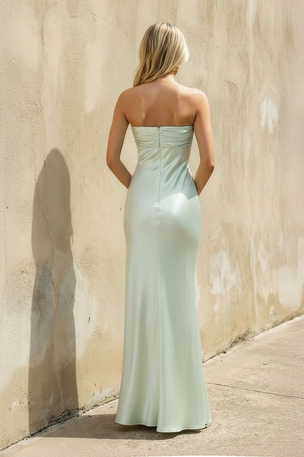 Strapless Ruched Maxi Dress in Mint Green