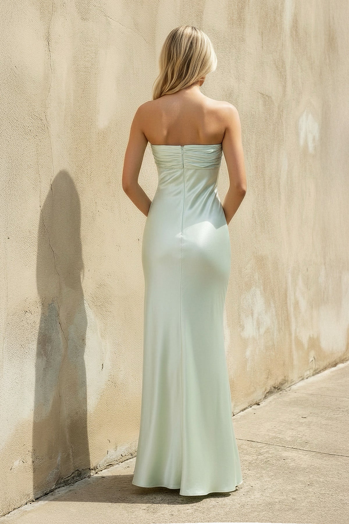 Strapless Ruched Maxi Dress in Mint Green