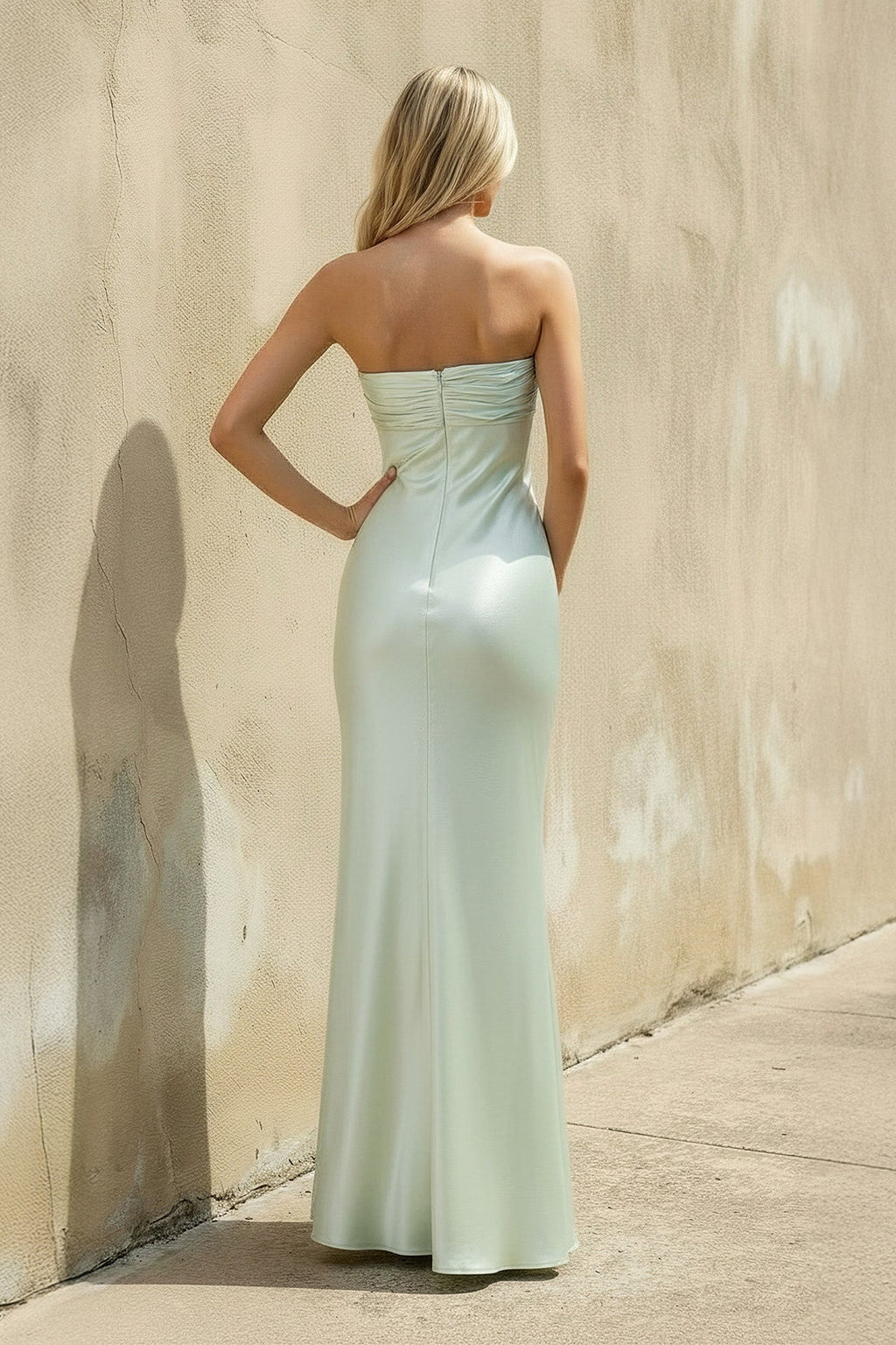 Strapless Ruched Maxi Dress in Mint Green