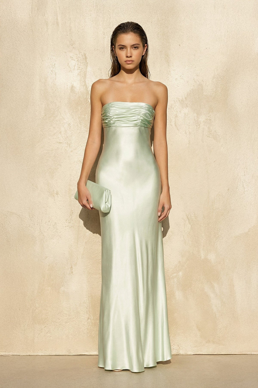 Strapless Ruched Maxi Dress in Mint Green