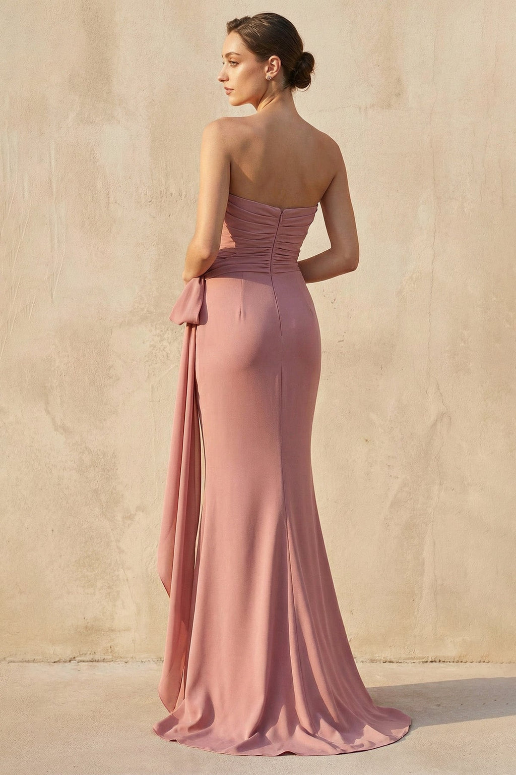 Strapless Ruched Maxi Dress With Bow in Mulberry