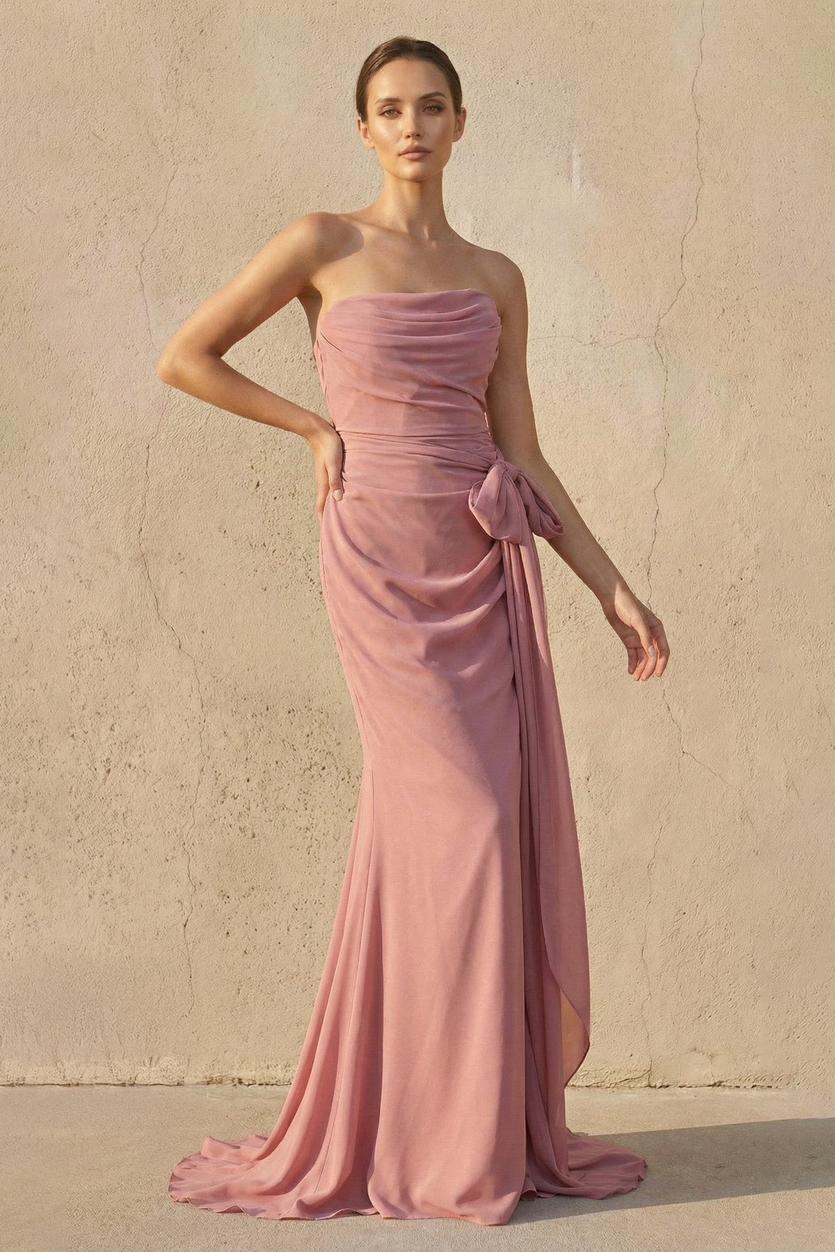 Strapless Ruched Maxi Dress With Bow in Mulberry